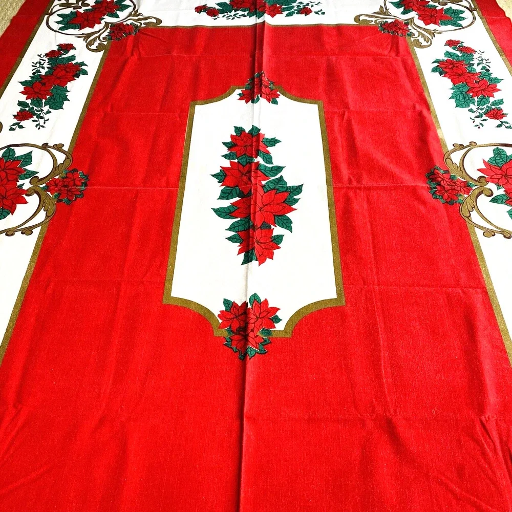 Christmas Tablecloth Vintage 1990's Festive Holiday Table Cover Red White Green